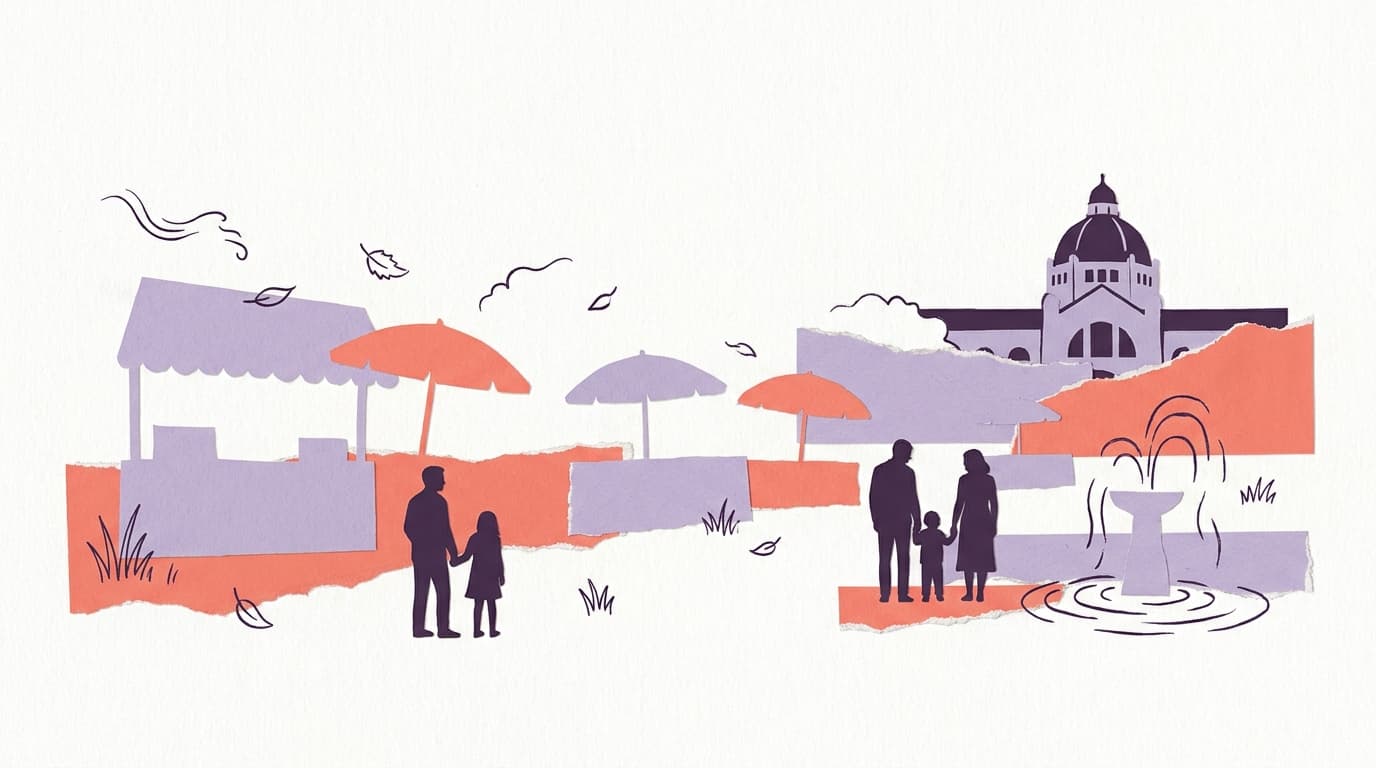 Wiener Platz Markt mit Familien und Volksbad-Silhouette